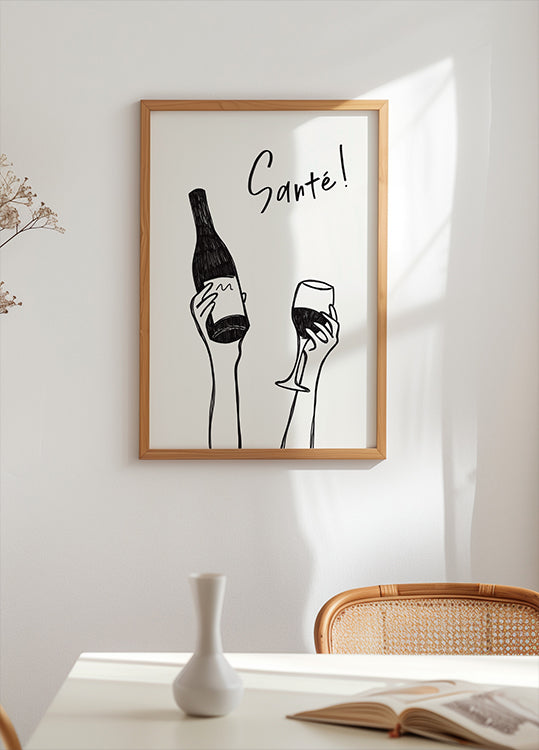 Hands holding a wine bottle and a wine glass with the text "Cheers!" in French Poster