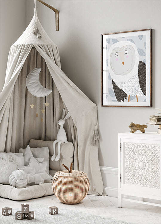 Funny Winter Owl with Gray Leaf Pattern by Artist Carla Daly Poster