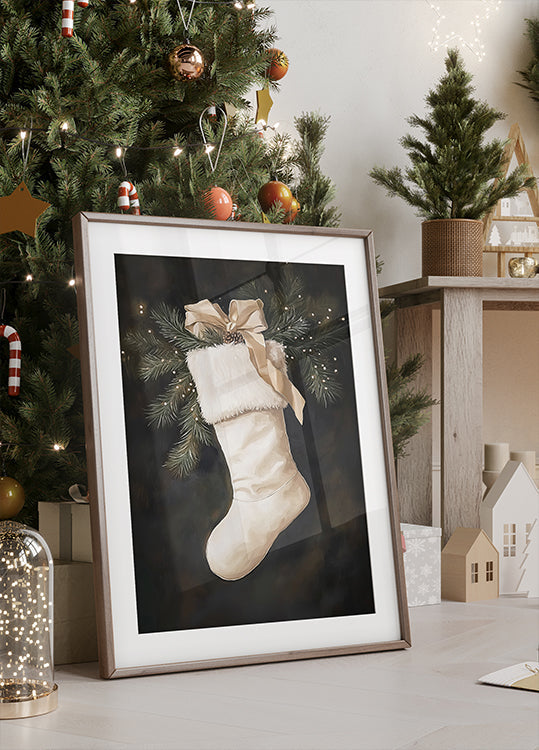 Christmas Stocking with Pine and Ribbon Poster