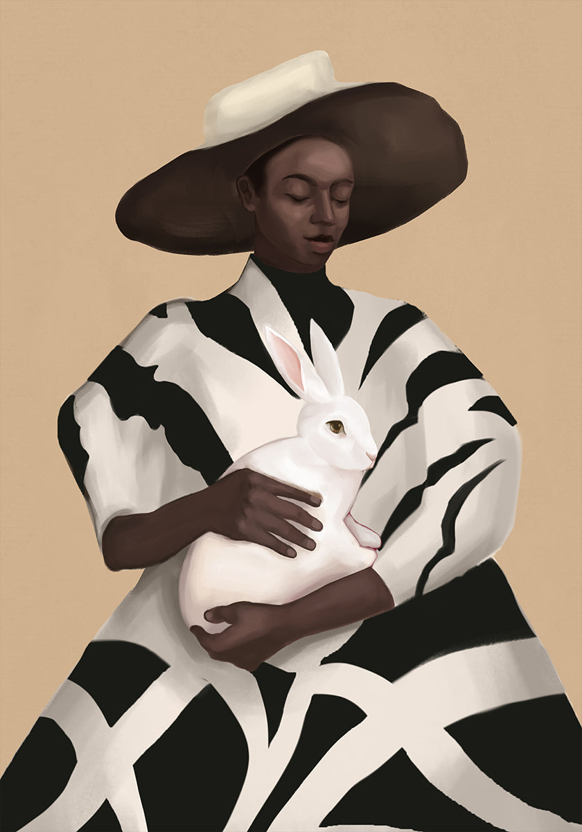 Woman In Stripes Holding a White Rabbit (NEW) - Posterbox