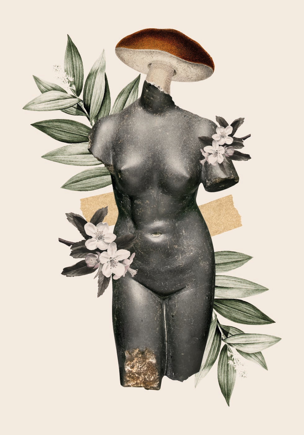 Antique Female Sculpture with Botanical Elements Poster - Posterbox.dk