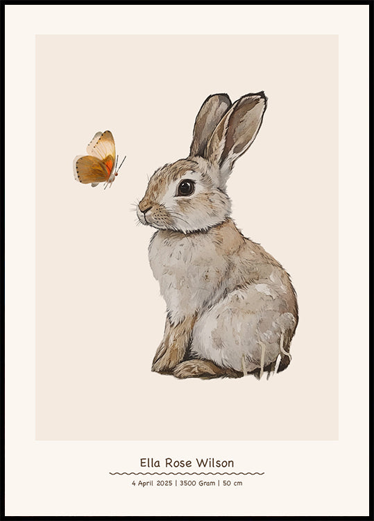Baby Bunny And Butterfly, Personalized Baby Girl Poster - Posterbox.dk