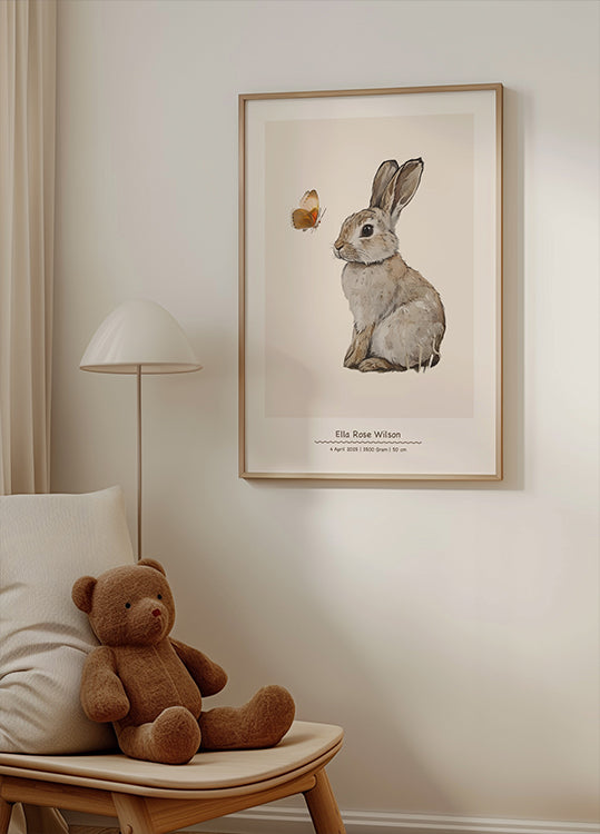 Baby Bunny And Butterfly, Personalized Baby Girl Poster - Posterbox.dk