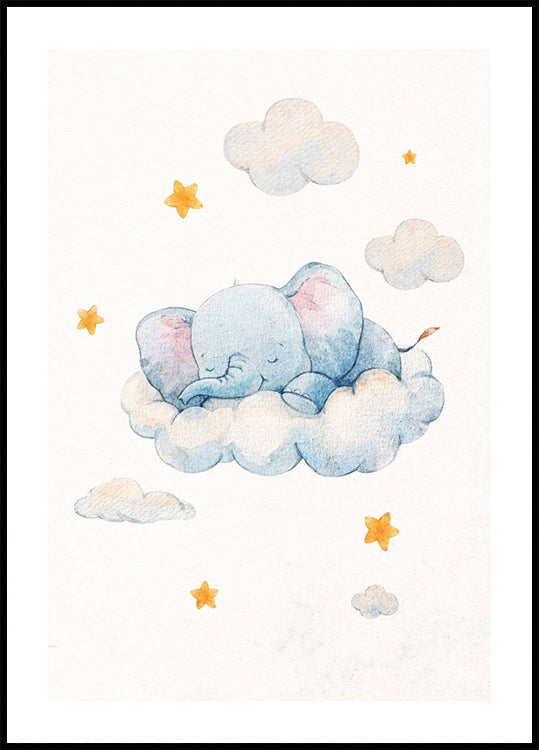 Baby Elephant Dreaming on Clouds Poster - Posterbox.dk