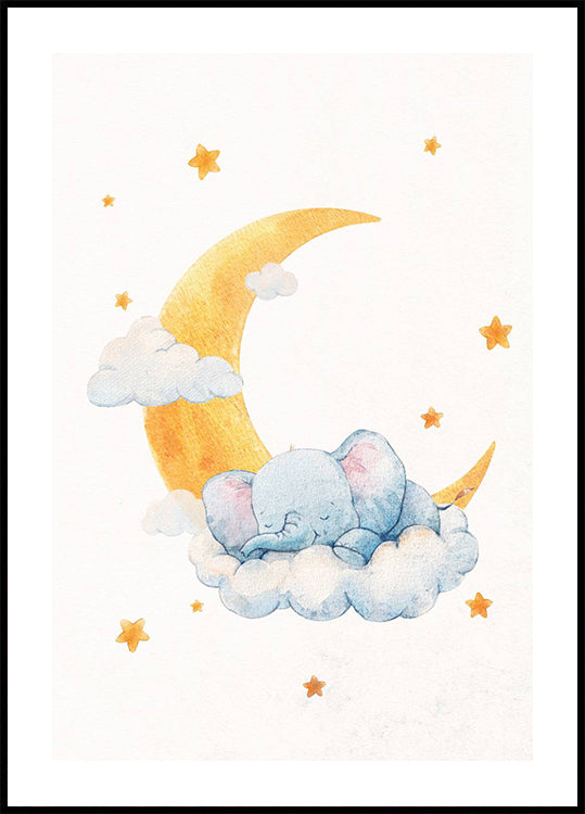 Baby Elephant on Moonlit Clouds Poster - Posterbox.dk