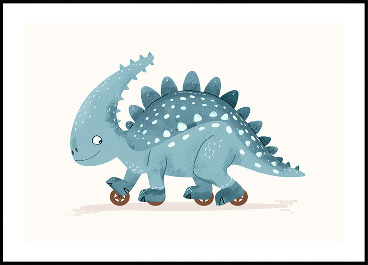 Blue Dinosaur on Wheels Poster - Posterbox.dk