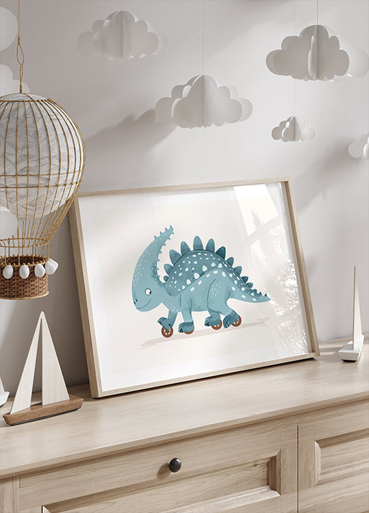 Blue Dinosaur on Wheels Poster - Posterbox.dk