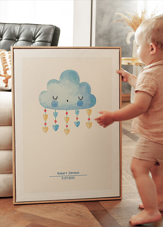 Blue Watercolor Cloud, Personalized Baby Boy Poster - Posterbox.dk