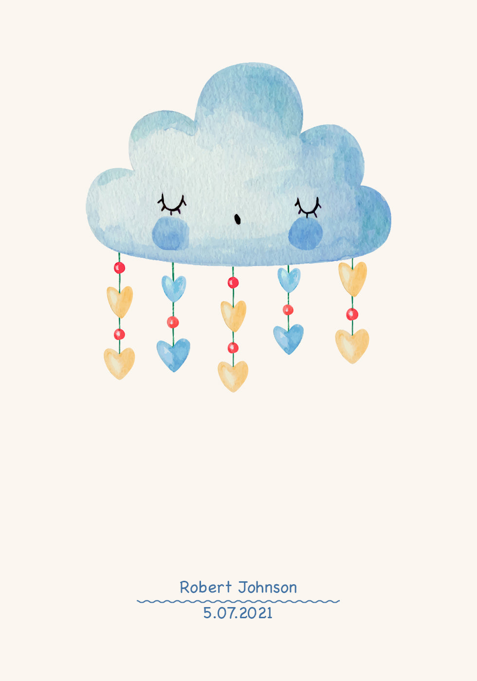 Blue Watercolor Cloud, Personalized Baby Boy Poster - Posterbox.dk