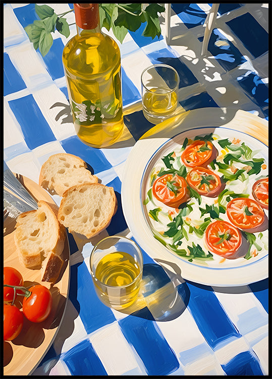 Caprese Lunch on Blue Tiles, Mediterranean food Poster - Posterbox.dk