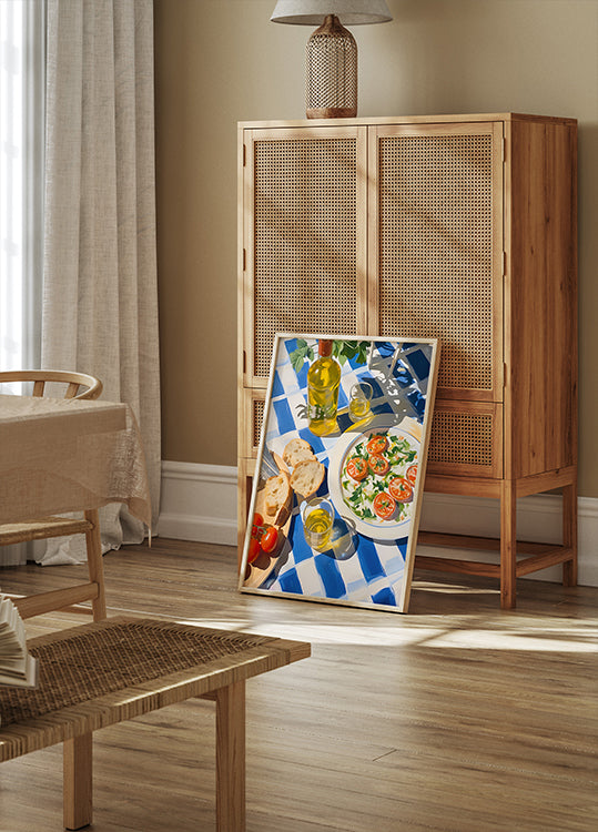 Caprese Lunch on Blue Tiles, Mediterranean food Poster - Posterbox.dk