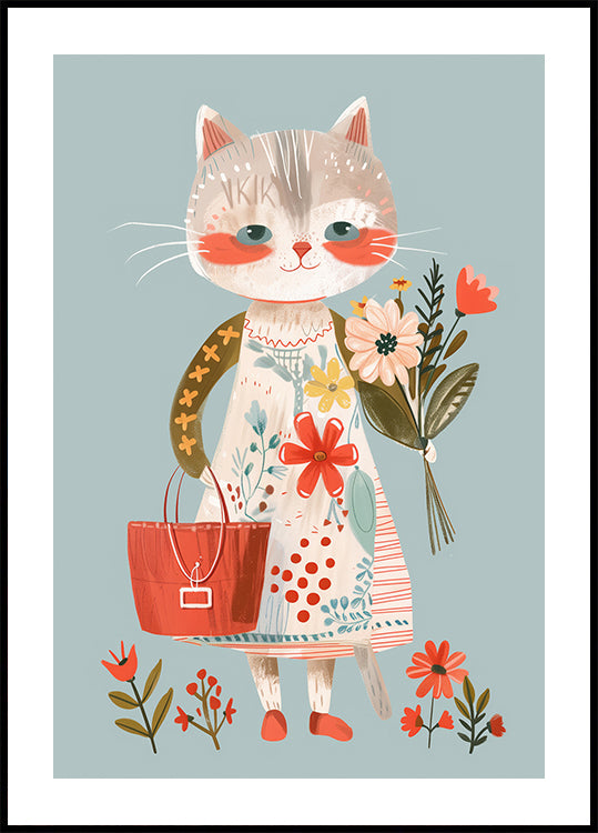 Cat in Floral Dress Holding Flowers Poster - Posterbox.dk