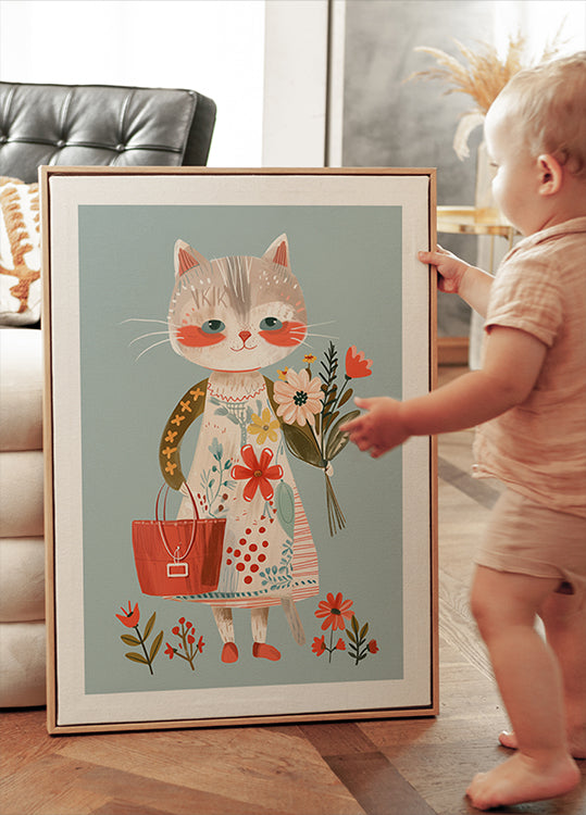 Cat in Floral Dress Holding Flowers Poster - Posterbox.dk