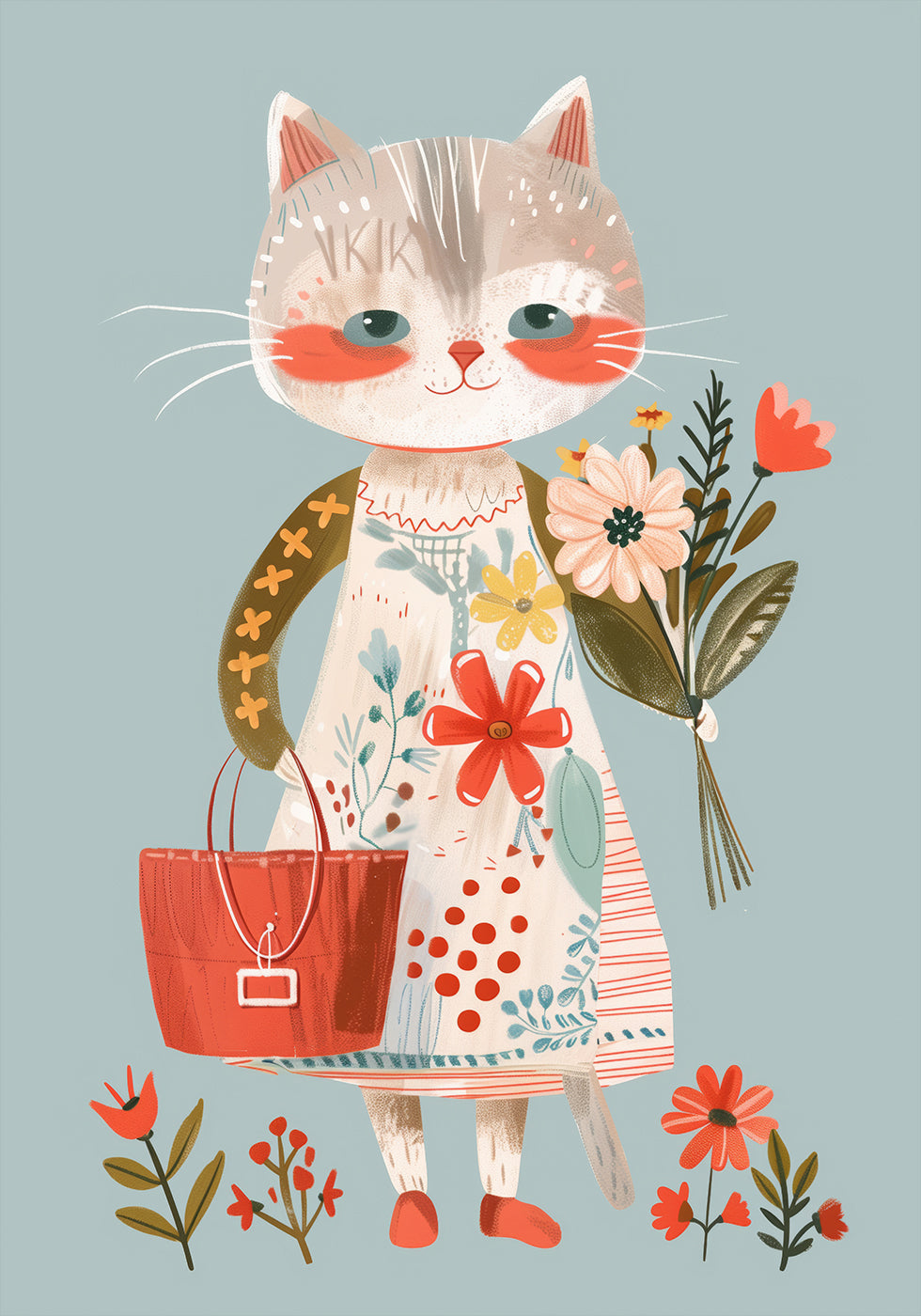Cat in Floral Dress Holding Flowers Poster - Posterbox.dk