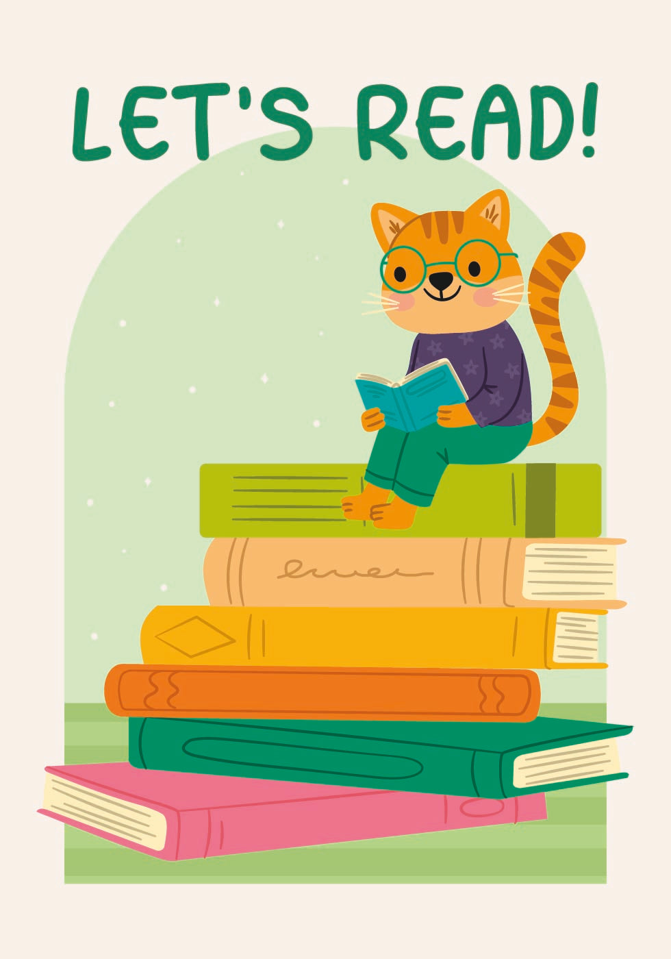 Cat Reading On Book Stack, Let's Read Poster - Posterbox.dk