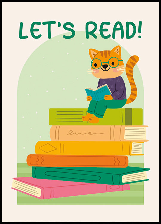 Cat Reading On Book Stack, Let's Read Poster - Posterbox.dk