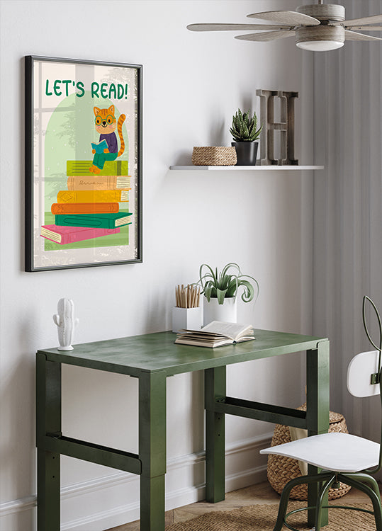 Cat Reading On Book Stack, Let's Read Poster - Posterbox.dk