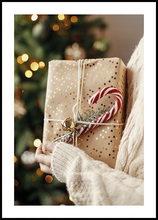 a person holding a wrapped present in front of a Christmas tree