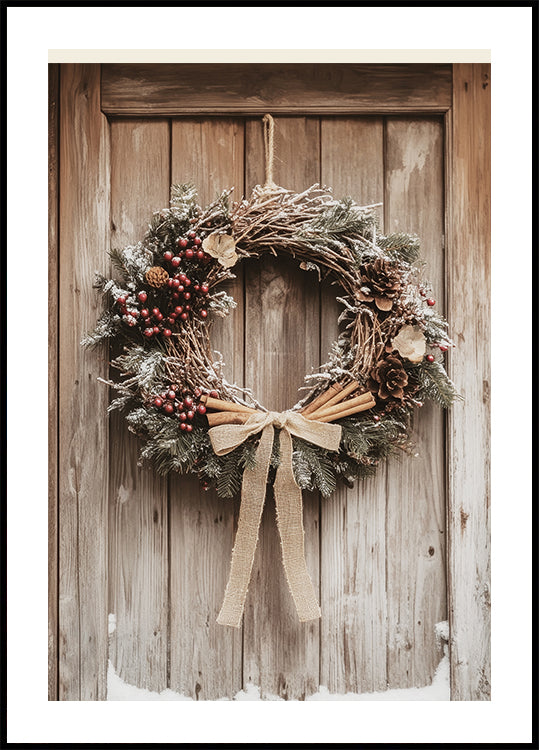 Christmas Wreath on a Wooden Door Poster - Posterbox.dk