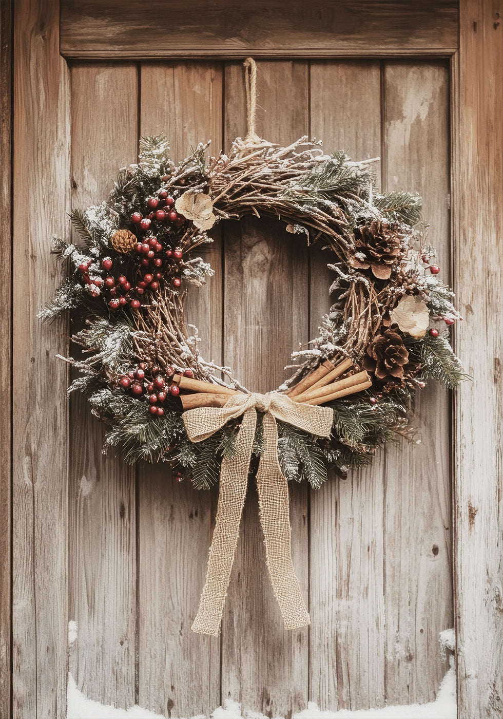 Christmas Wreath on a Wooden Door Poster - Posterbox.dk