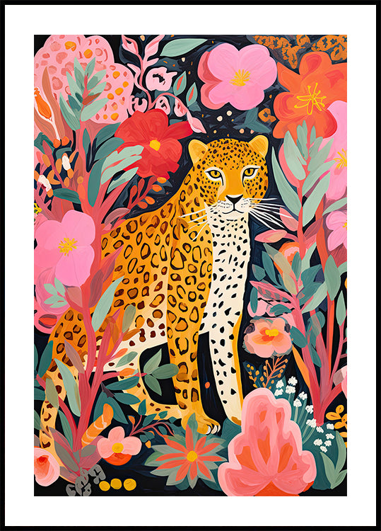 Colorful Leopard and Flowers Poster - Posterbox.dk