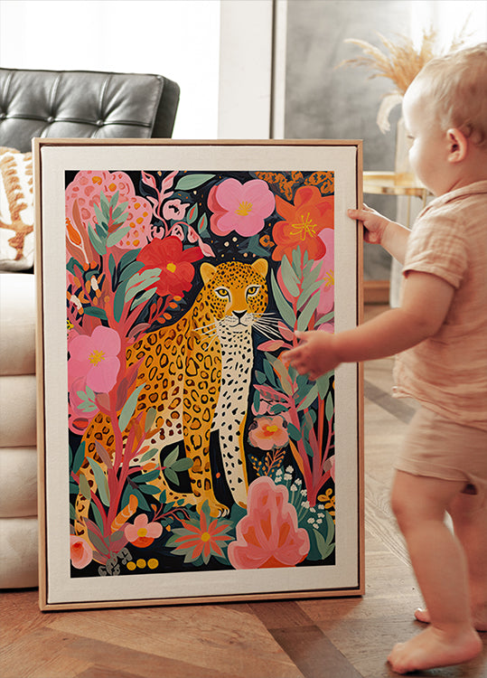 Colorful Leopard and Flowers Poster - Posterbox.dk