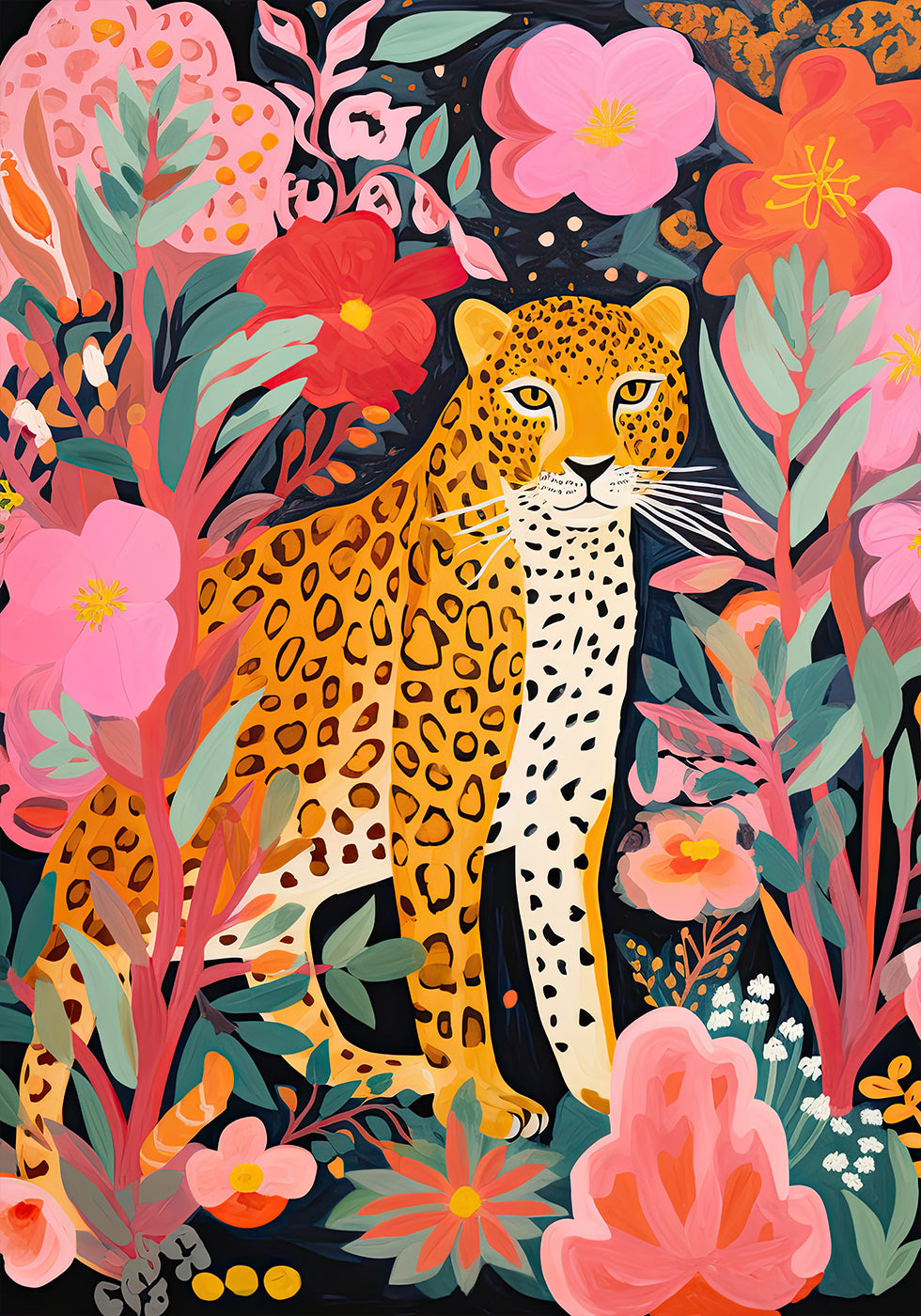 Colorful Leopard and Flowers Poster - Posterbox.dk