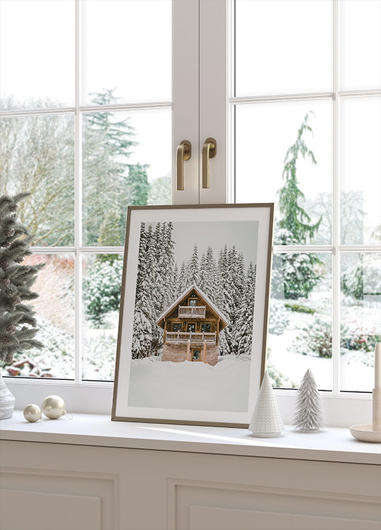Cozy Wooden Cabin in Snowy Mountains Poster - Posterbox.dk