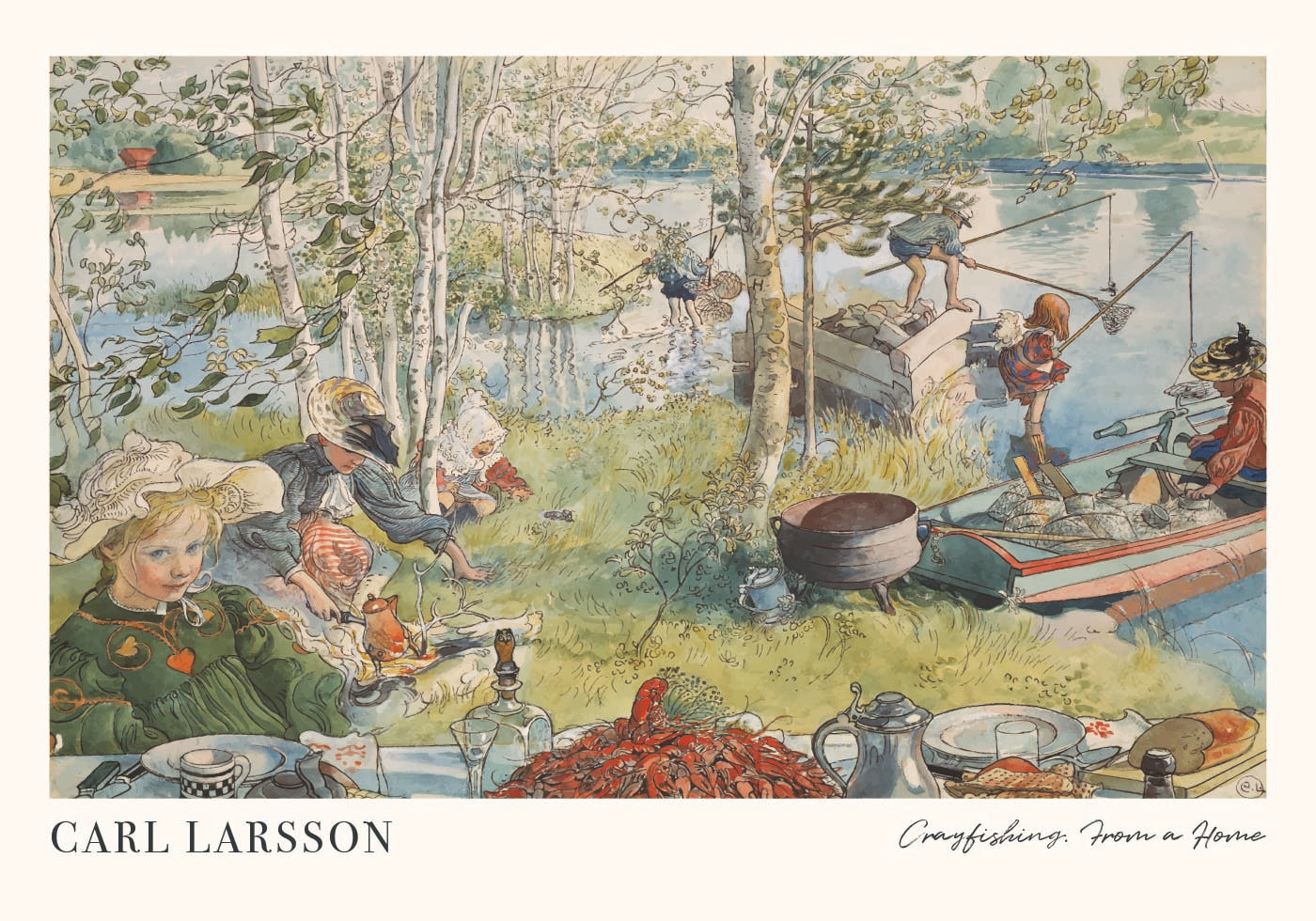 Crayfishing, riverside summer family scene Poster - Posterbox.dk