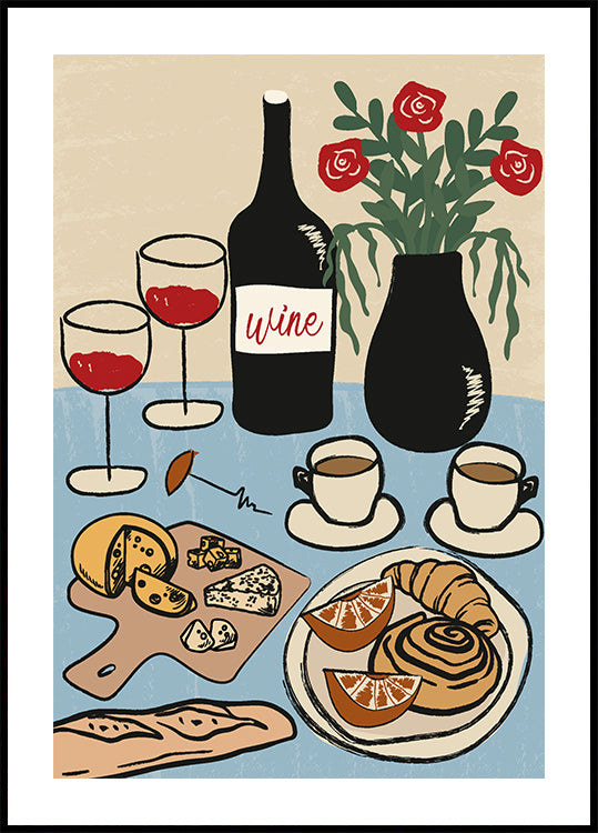 Dinner Table, French Wine and Cheese Setting Poster - Posterbox.dk