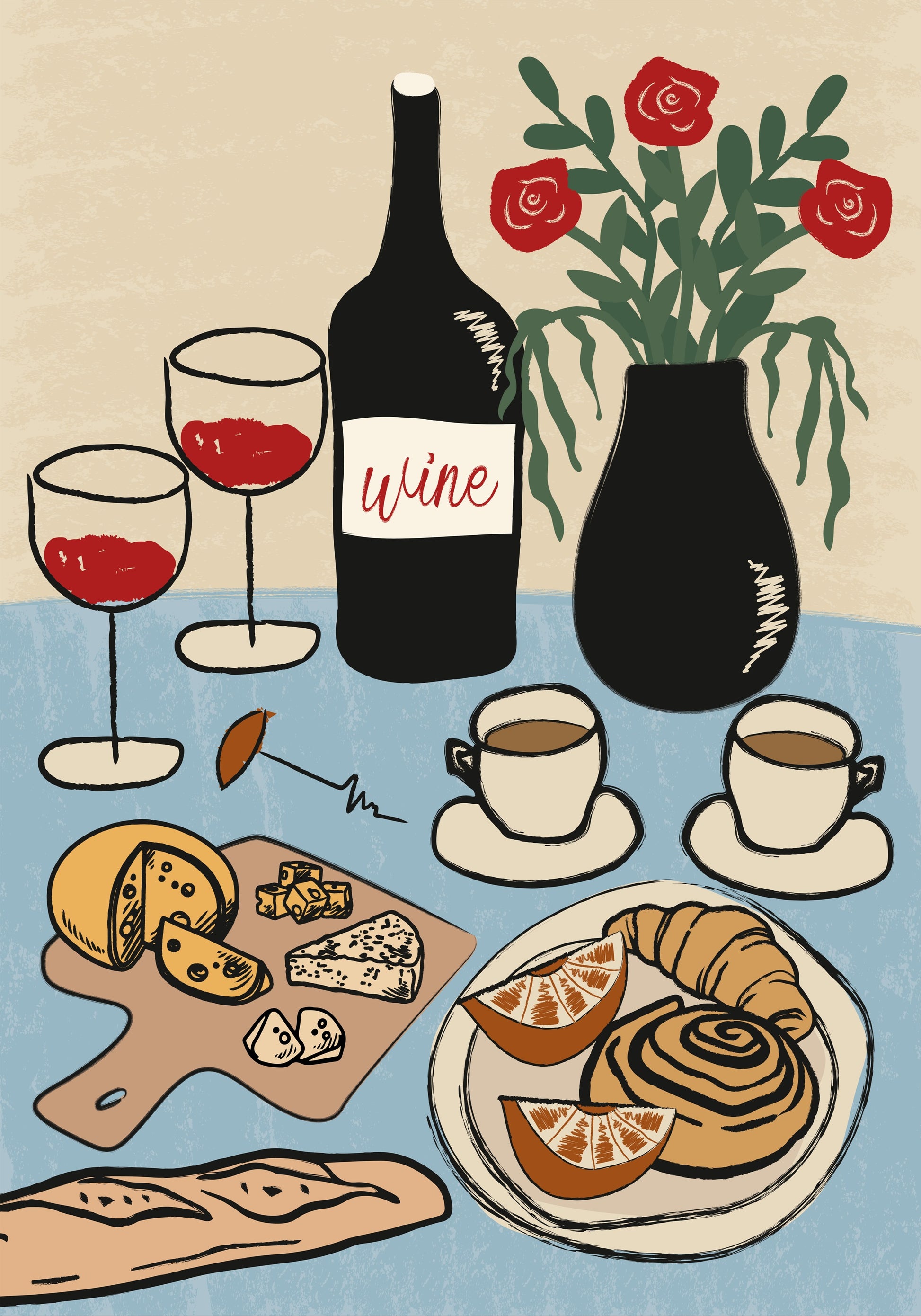 Dinner Table, French Wine and Cheese Setting Poster - Posterbox.dk