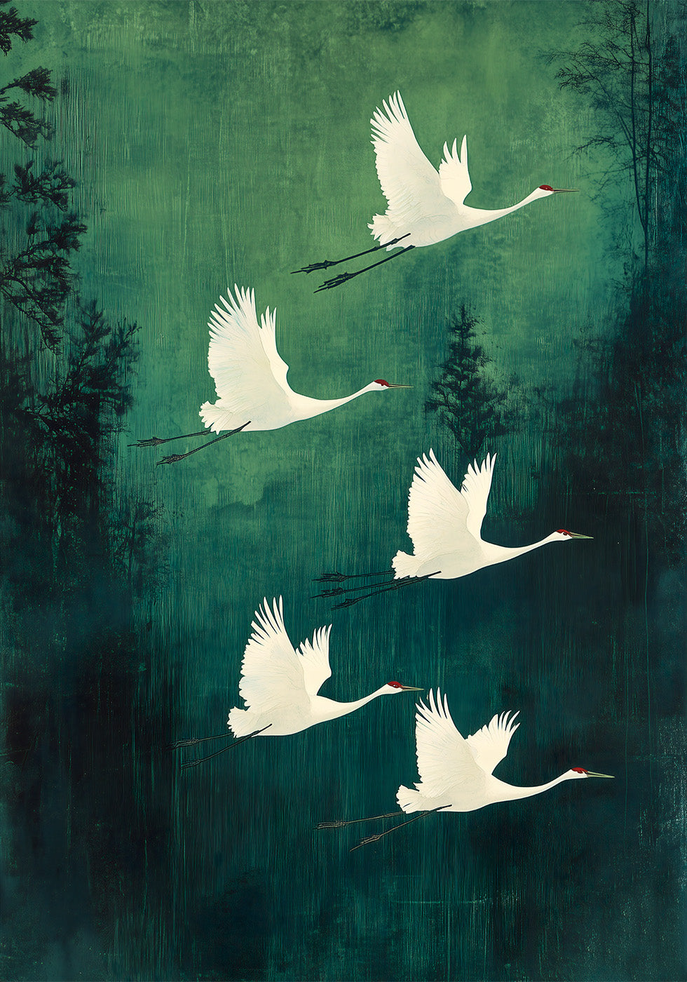 Elegant Flying Cranes Poster - Posterbox.dk