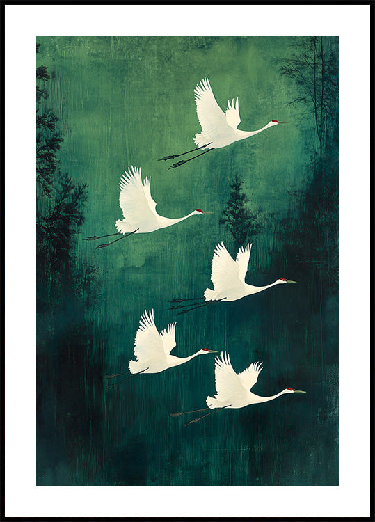 Elegant Flying Cranes Poster - Posterbox.dk