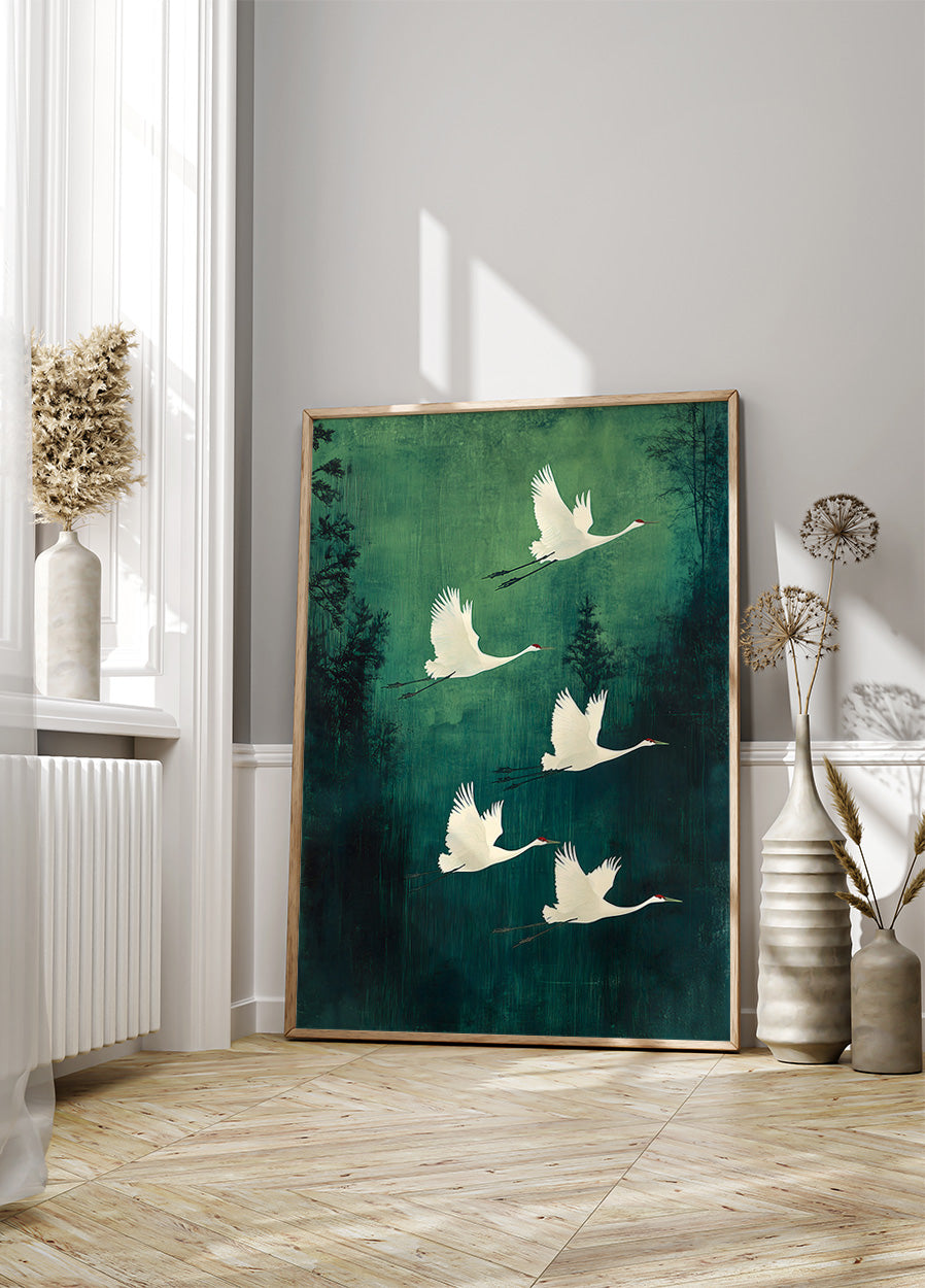 Elegant Flying Cranes Poster - Posterbox.dk