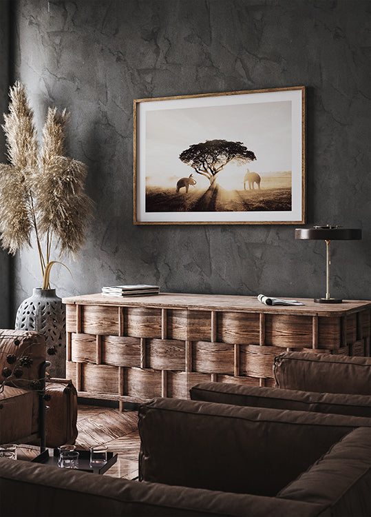 Elephants and Tree at Sunrise Poster - Posterbox.dk