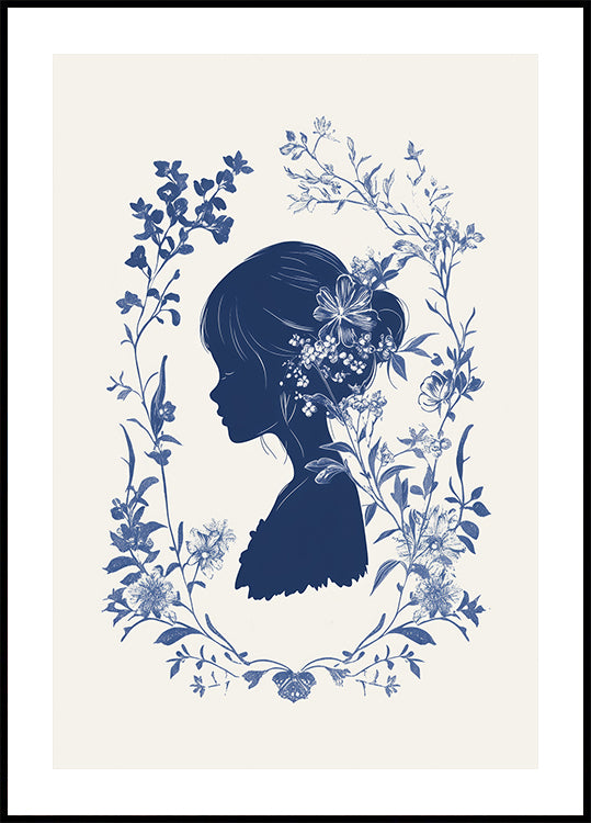 Floral Silhouette, Girl in Bloom, Indigo Botanical Poster - Posterbox.dk