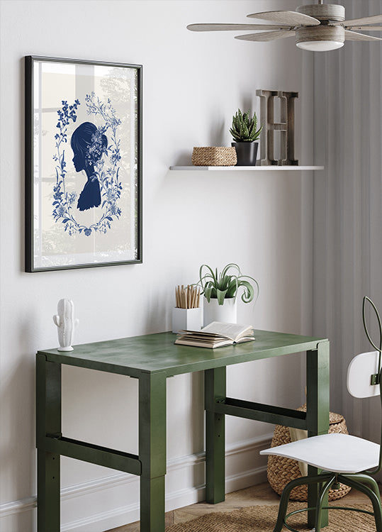 Floral Silhouette, Girl in Bloom, Indigo Botanical Poster - Posterbox.dk