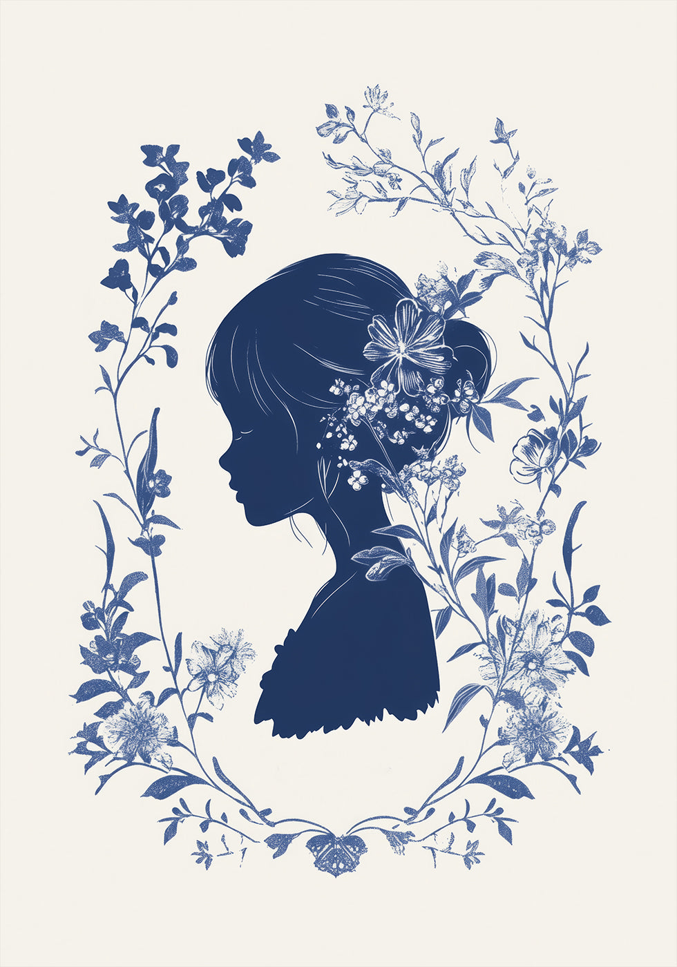 Floral Silhouette, Girl in Bloom, Indigo Botanical Poster - Posterbox.dk