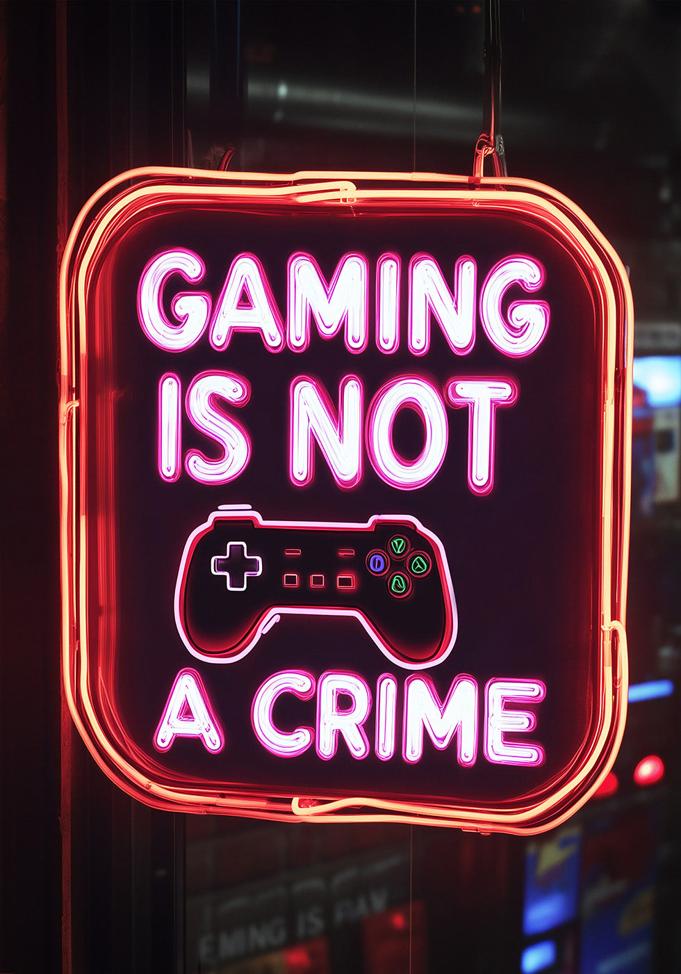 Gaming Is Not a Crime, Neon Gamer Quote Poster - Posterbox.dk