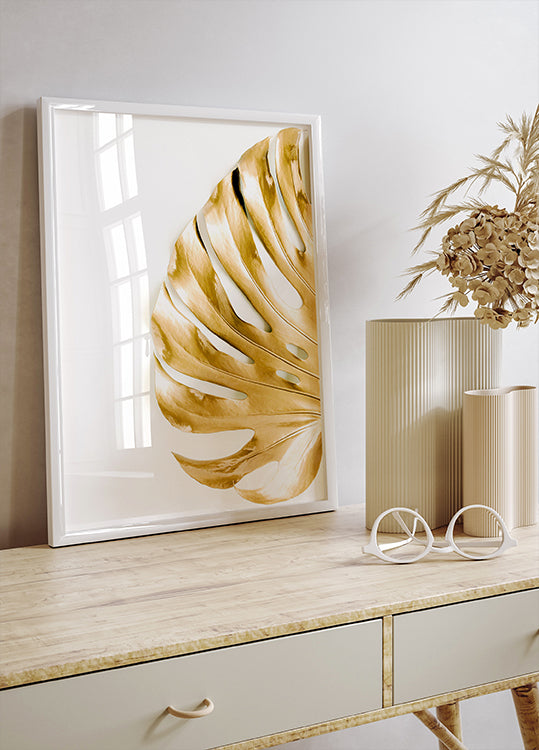 Gold Monstera Leaf Poster - Posterbox.dk