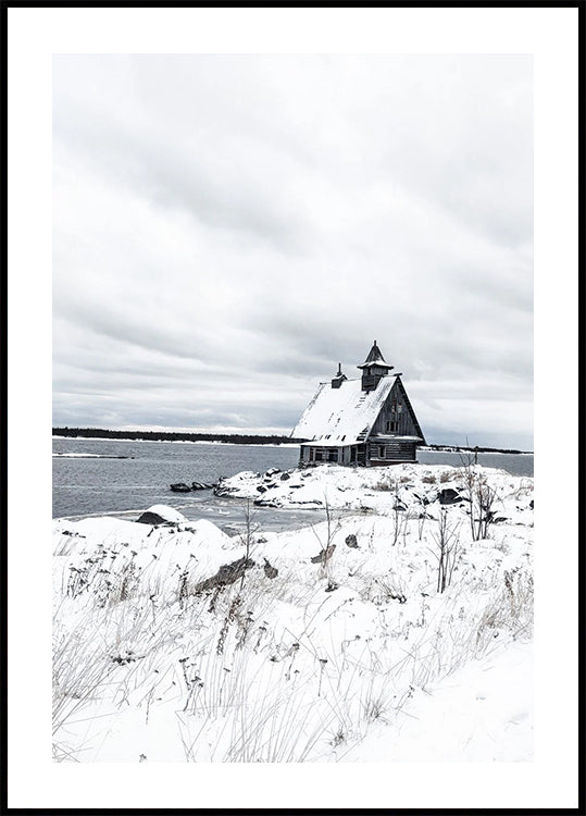 Isolated Winter Cabin by the Frozen Lake Poster - Posterbox.dk
