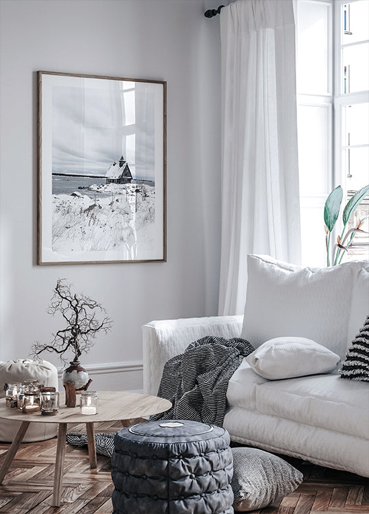 Isolated Winter Cabin by the Frozen Lake Poster - Posterbox.dk