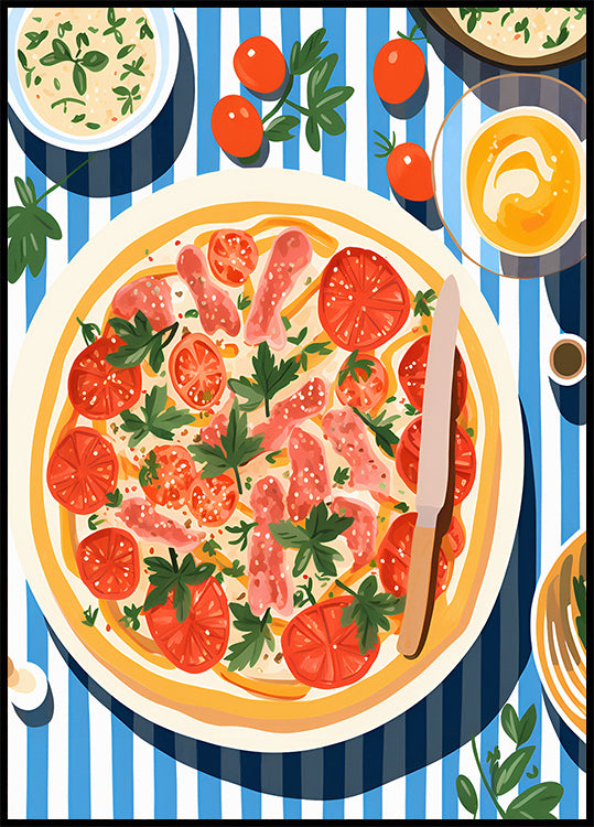 Italian Pizza, Tomato Parsley Topping, Striped Table Poster - Posterbox.dk