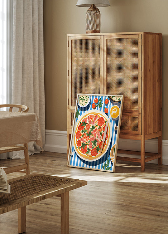 Italian Pizza, Tomato Parsley Topping, Striped Table Poster - Posterbox.dk