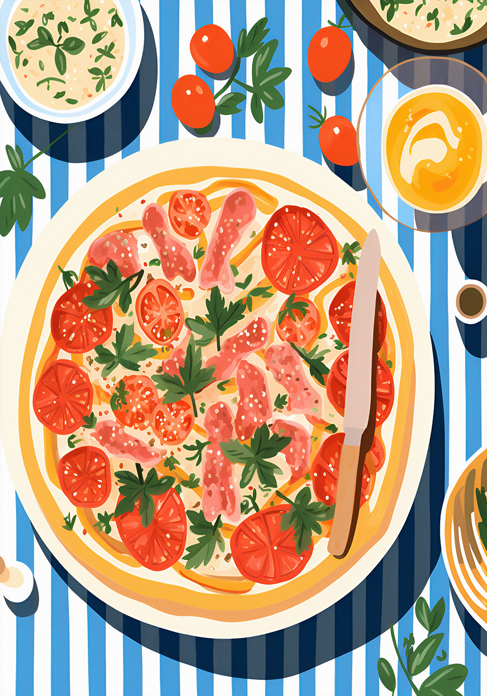 Italian Pizza, Tomato Parsley Topping, Striped Table Poster - Posterbox.dk