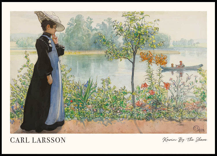 Karin by the Shore, riverside floral garden scene Poster - Posterbox.dk