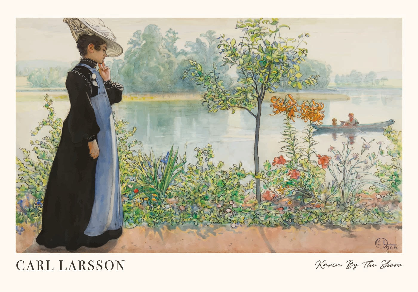 Karin by the Shore, riverside floral garden scene Poster - Posterbox.dk