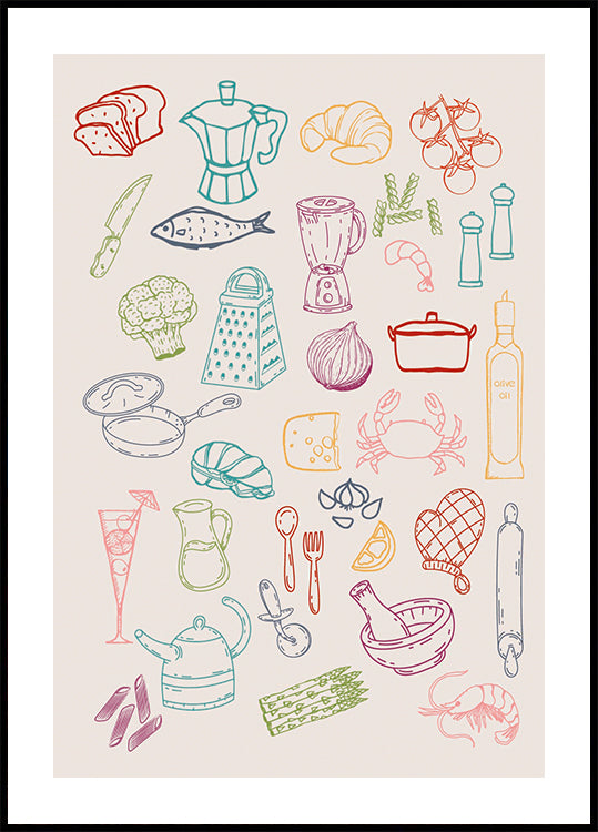 Kitchen Collage, Colorful Cooking Ingredient Icons Poster - Posterbox.dk