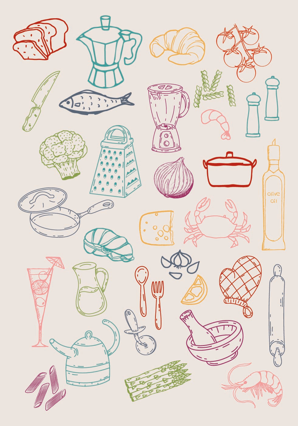 Kitchen Collage, Colorful Cooking Ingredient Icons Poster - Posterbox.dk