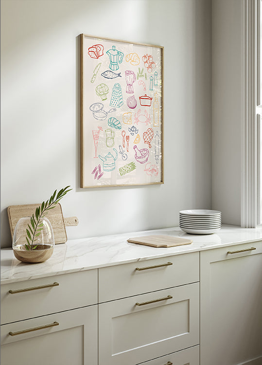 Kitchen Collage, Colorful Cooking Ingredient Icons Poster - Posterbox.dk